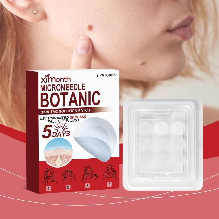 Ximonth microneedle skin tag patches box with clear tray holding 9 patches