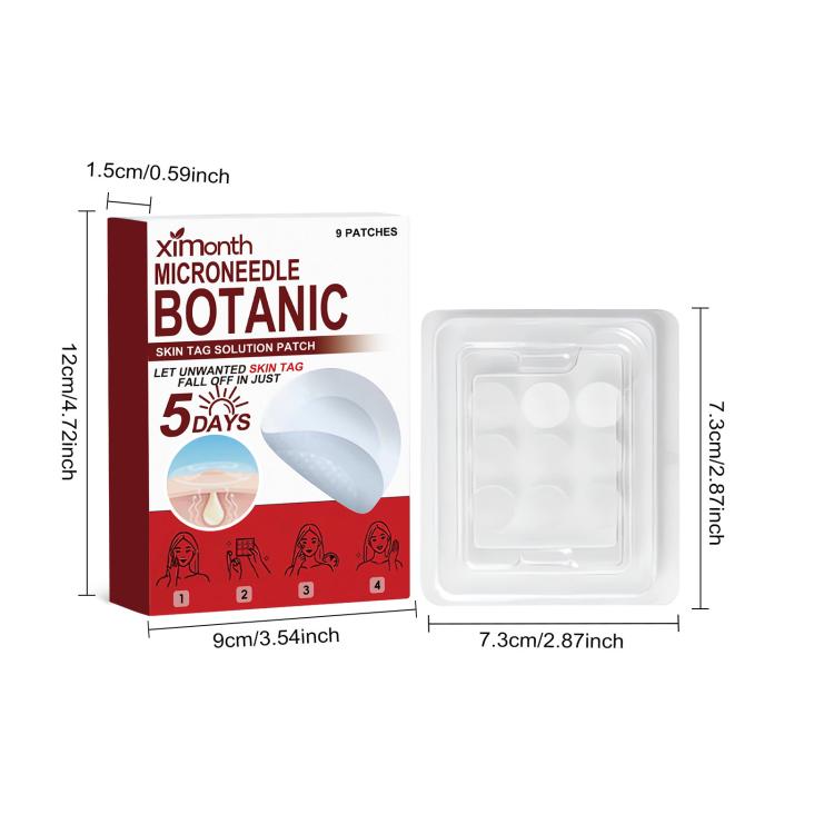 Ximonth microneedle skin tag patches kit with box, tray, and size measurements