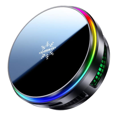 Magnetic wireless car charger with circular cooling plate and multicolor LED ring