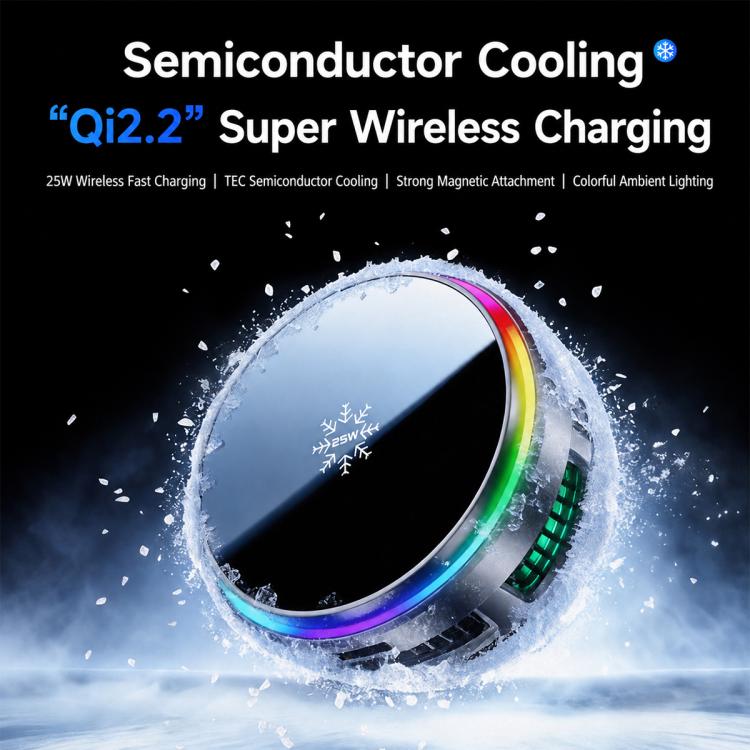 Magnetic wireless car charger with circular cooling plate and RGB ambient light ring