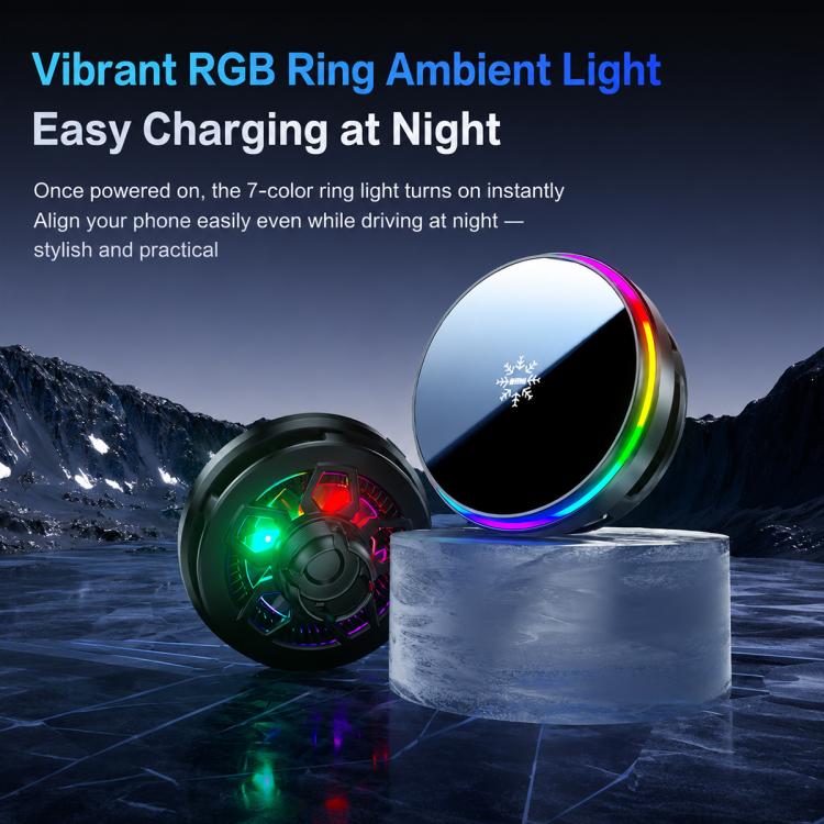 Magnetic wireless car charger mount with circular RGB ambient light ring, black