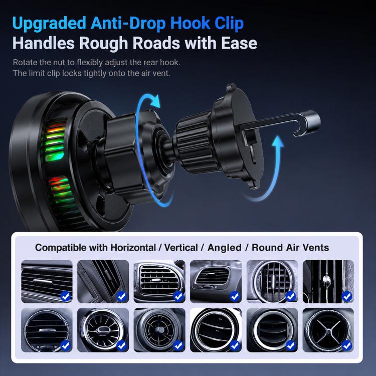 Magnetic wireless car charger vent holder with adjustable anti-drip hook clip, black