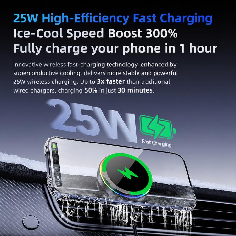 Magnetic wireless fast car charger with cooling plate and green power indicator ring