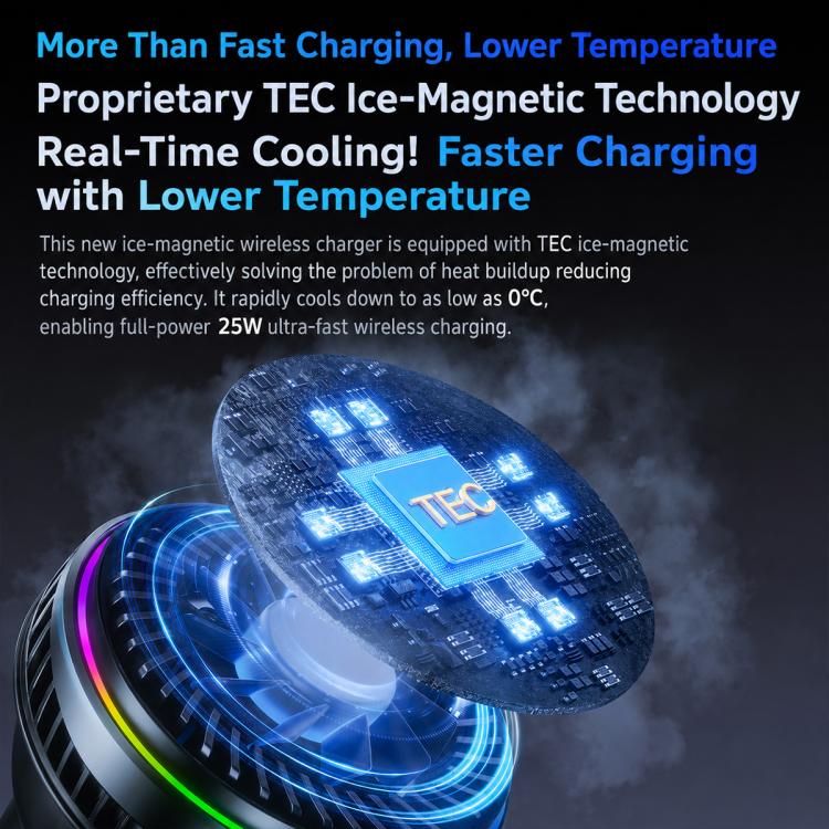 Magnetic wireless car charger cooling module with blue TEC-style light elements