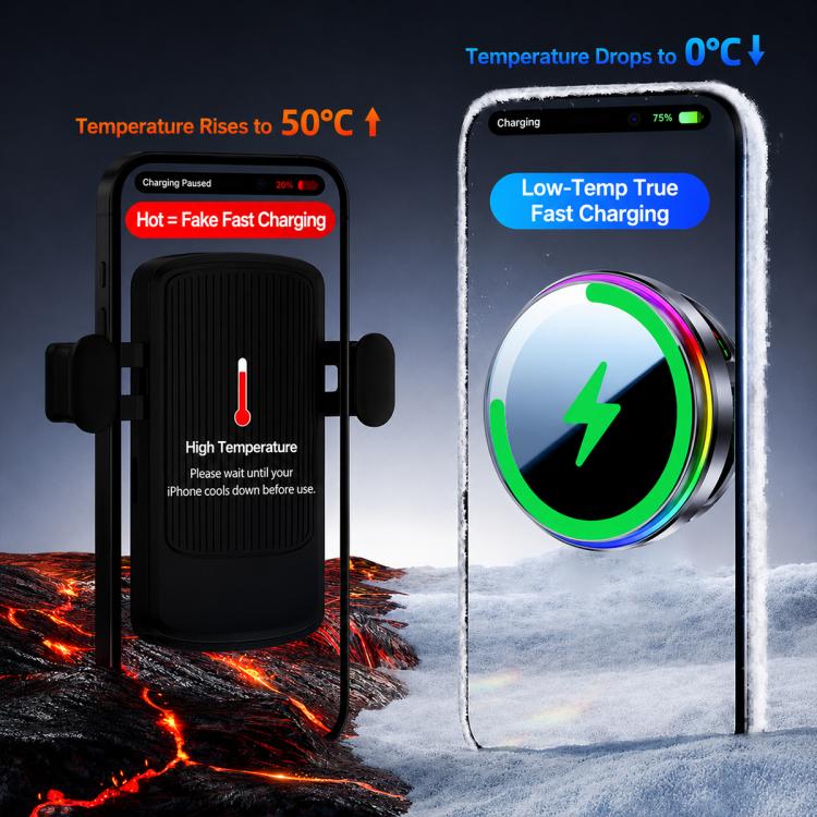 Magnetic wireless car charger with low-temp cooling design and illuminated charging ring