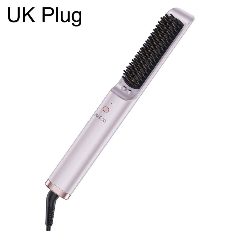 Yesido hair straightener brush with UK plug, light pink handle and black bristle comb