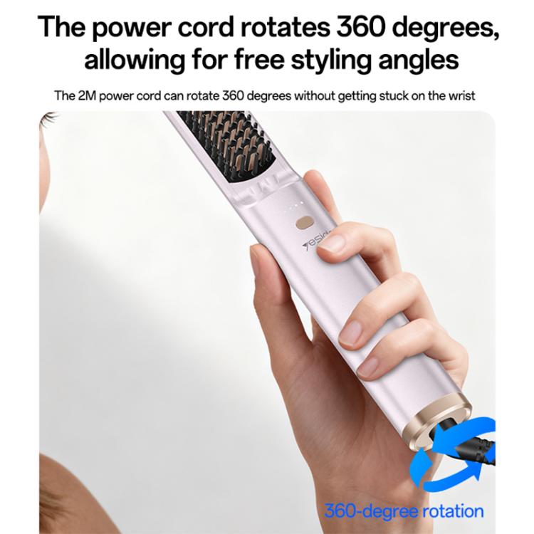 Lavender hair straightener brush with rotating 360° power cord and black bristles