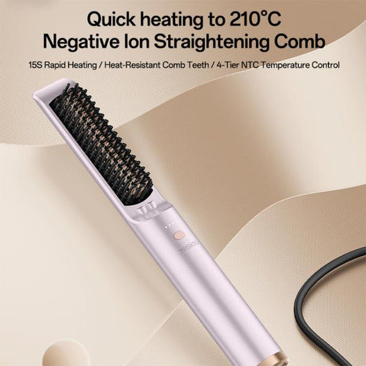 Light pink hair straightener brush with black bristle comb head and power cord