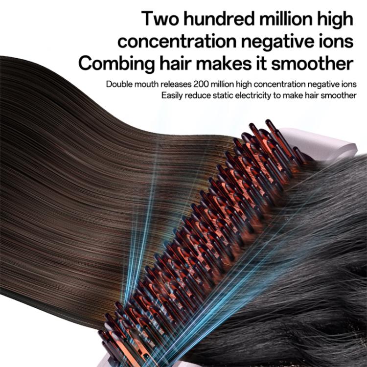 Hair straightener brush comb teeth with black bristles and glowing ion effect graphic
