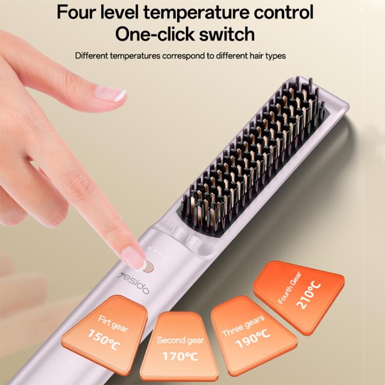 Hair straightener brush with four temperature settings icons and black bristle comb head