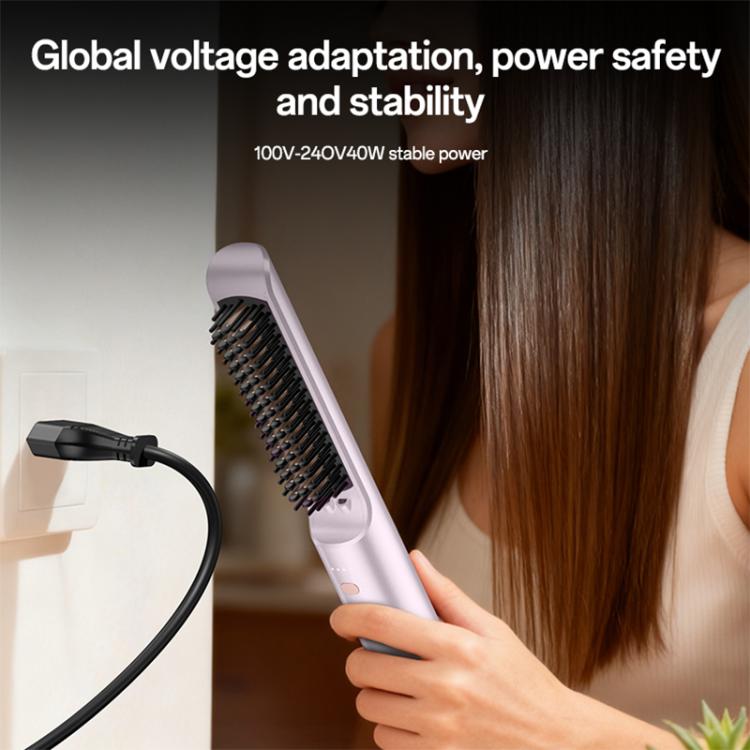 Lavender heated hair straightener brush with black bristles, held in hand