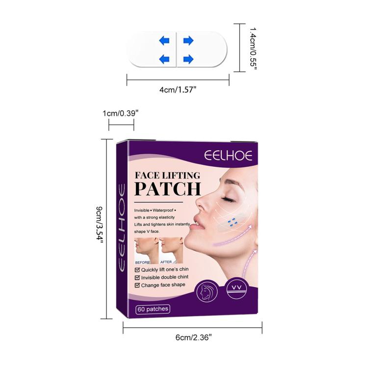 Face lifting patch box with purple-and-white layout and size measurement diagram