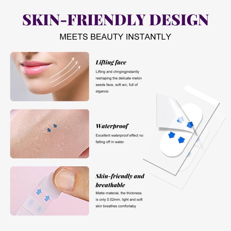 Face lifting patch feature infographic with skin close-ups and blue patch icons