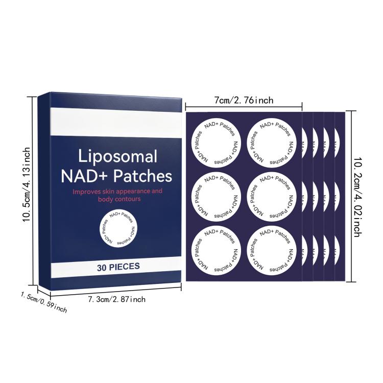Liposomal NAD+ patch box set with size measurements and 30-pack patch seals