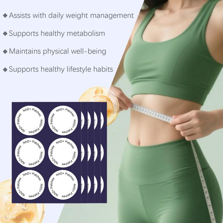 NAD+ body care patch sheet with circular adhesive patches beside measuring tape