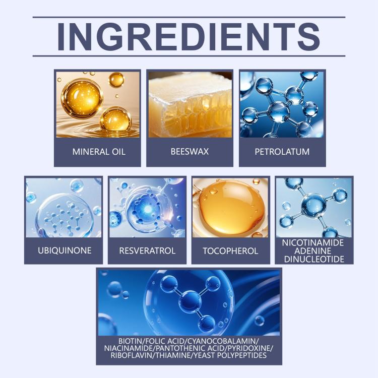 Ingredients infographic for liposomal NAD+ patches: mineral oil, beeswax, petrolatum