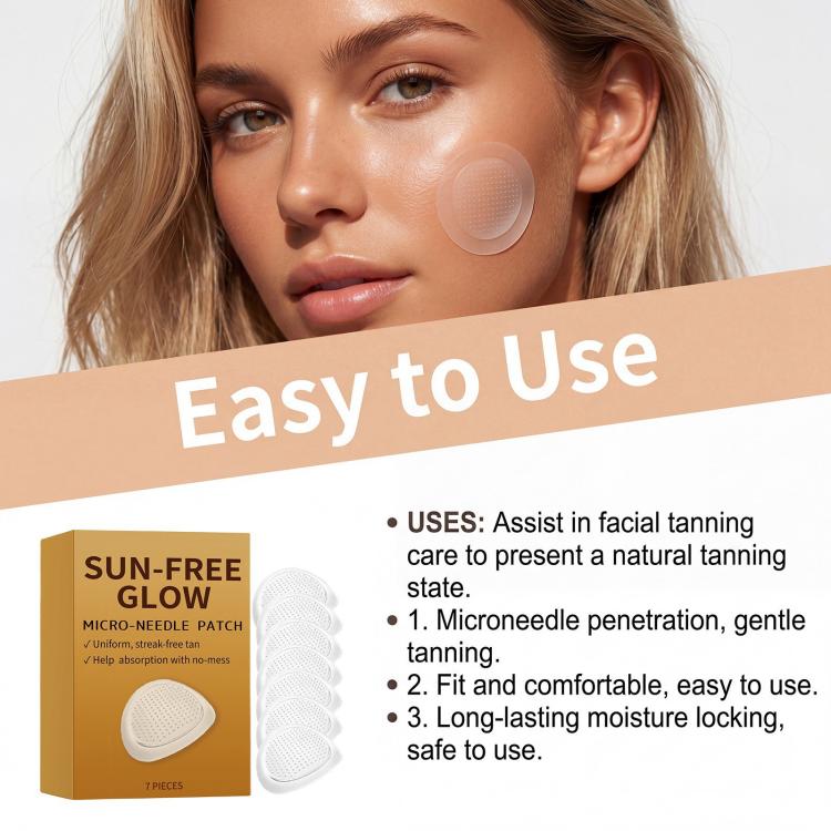 Micro-needle patch on facial skin overlay with product box and usage bullet points
