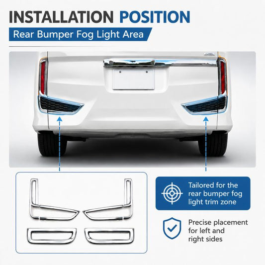 Rear bumper fog light area trim set for left and right fog light positions