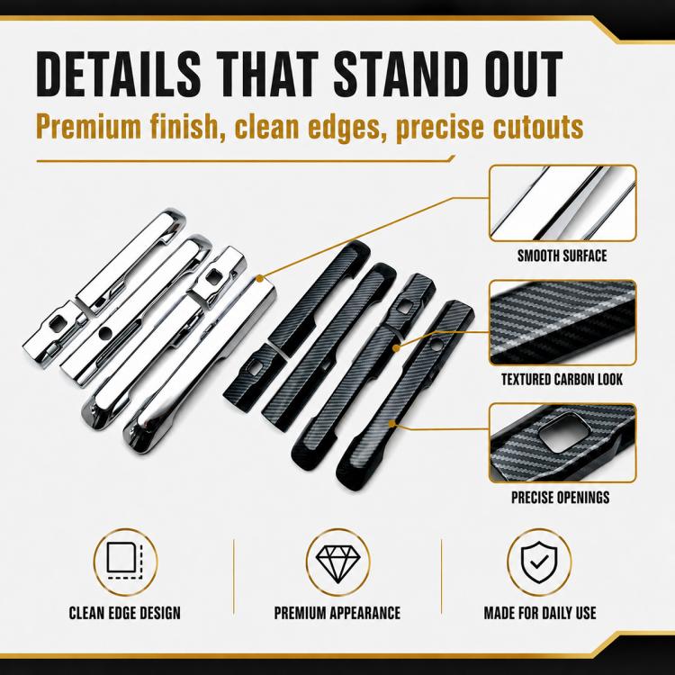 Premium car door handle covers with clean edges and carbon-fiber texture, 4-piece