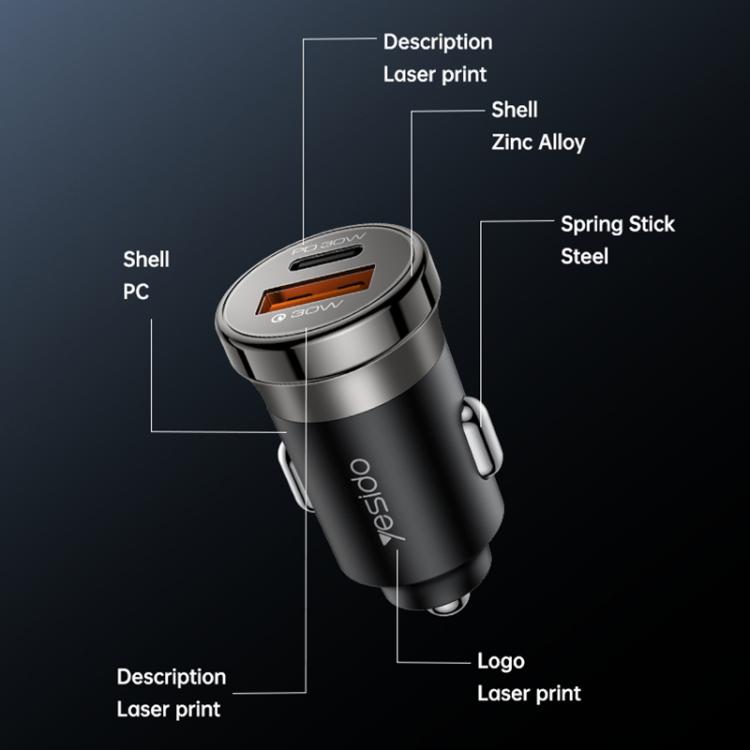 Black car charger with dual ports and metal ring, branded Yesido, compact plug