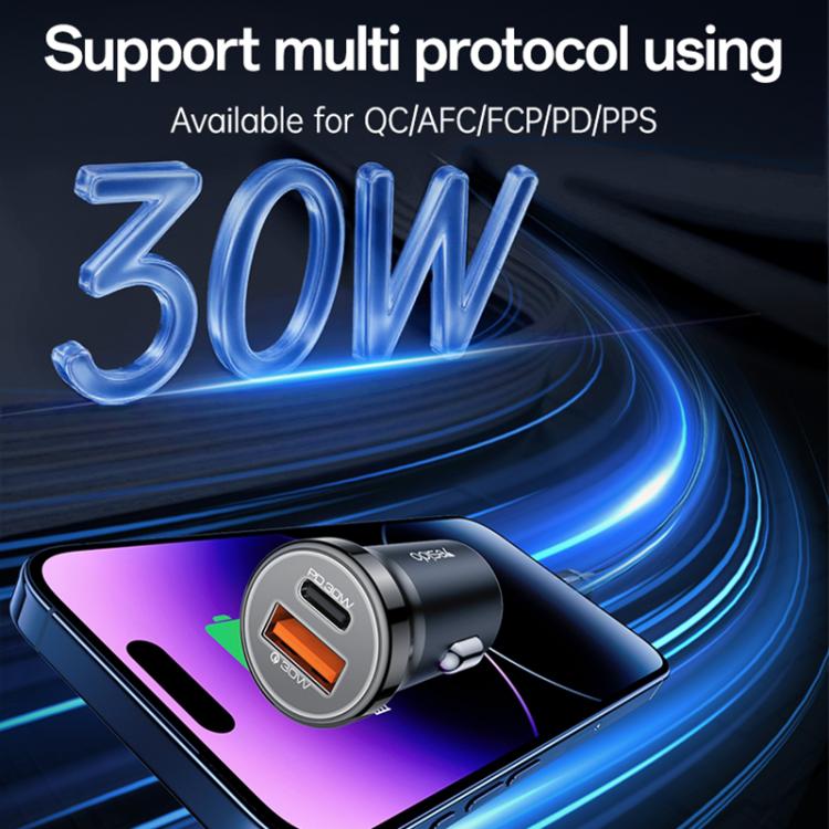 Black dual-port car charger with illuminated ports and USB-C cable connection