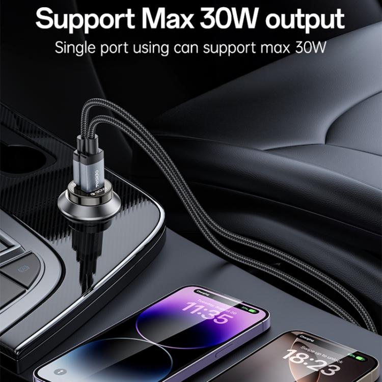 Black car charger connected to a braided cable, charging a smartphone