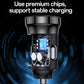 Black car charger with internal charging circuitry view, USB-A and Type-C ends