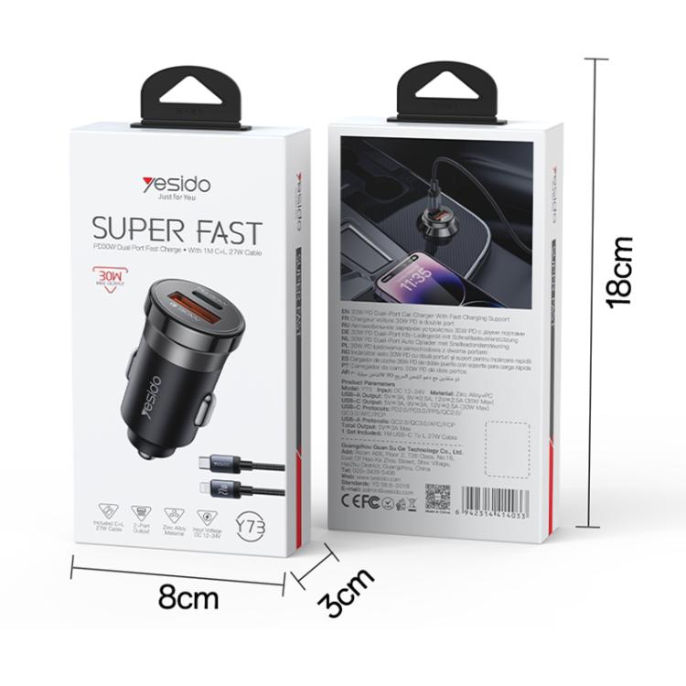 Yesido super fast car charger set retail box showing charger and Type-C to 8-pin cable.