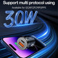 Black dual-port car charger with orange USB port and connected cable