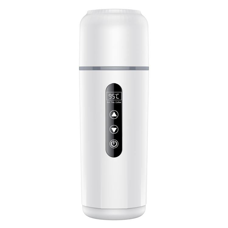 Electric car heating water cup, white body with LED temperature display and touch buttons