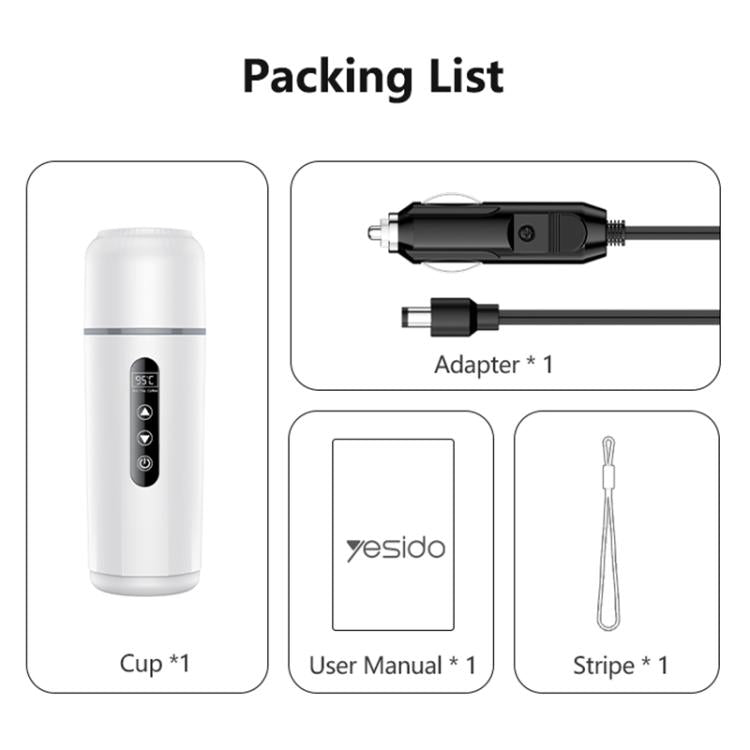 Yesido electric heating water cup kit: cup, adapter, user manual, stripe