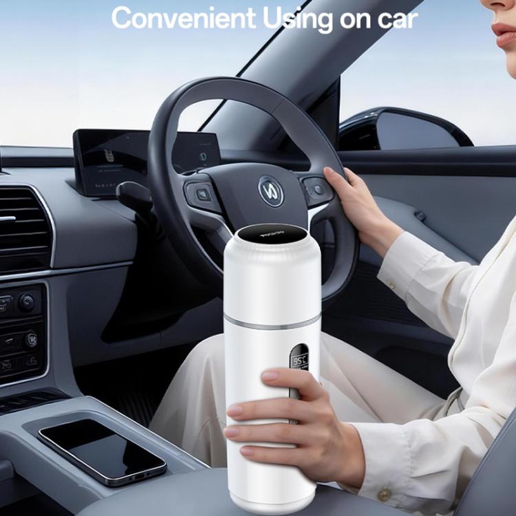 Electric car heating water cup held in car seat area, white body with LED control panel
