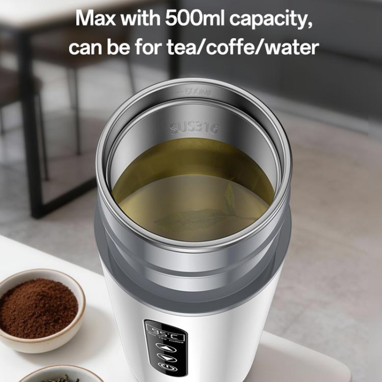 Electric car heating water cup with 500ml capacity, open top with hot drink inside