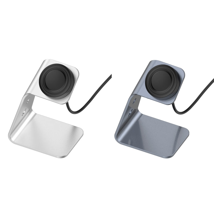Grey and silver magnetic watch charger holders with USB cables