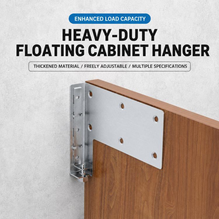 Floating cabinet hanger bracket with adjustable arm, perforated steel mounting plates