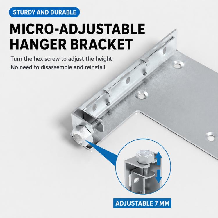 Micro-adjustable cabinet hanger bracket, perforated steel arm with locking hex screw
