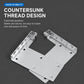 Cabinet hanger bracket with countersunk screw holes, perforated base plate and side arms