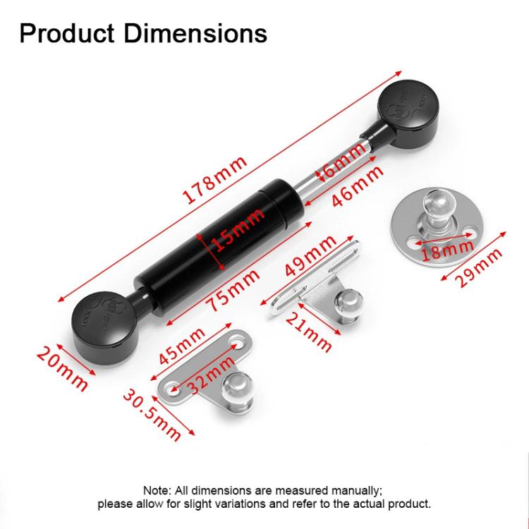 Black cabinet gas strut lift support with mounting brackets and screws, dimension diagram