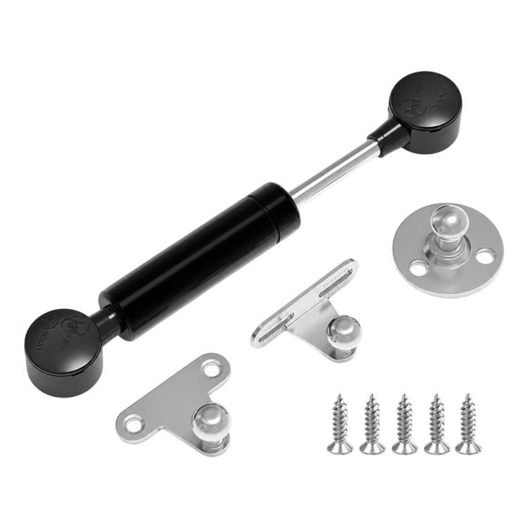 Black cabinet gas strut lift support with steel rod, end caps, and mounting hardware set