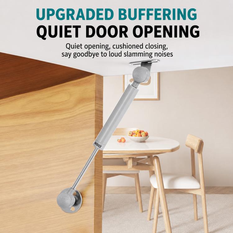 Cabinet gas strut lift support installed on a wooden cabinet door, angled strut