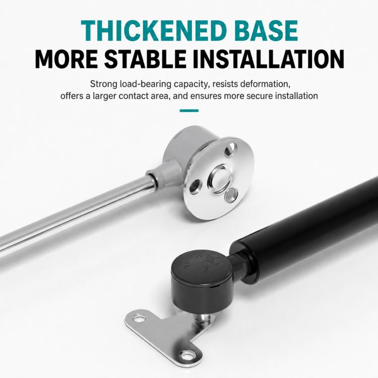 Cabinet gas strut with silver cylinder, black rod, and round mounting plate