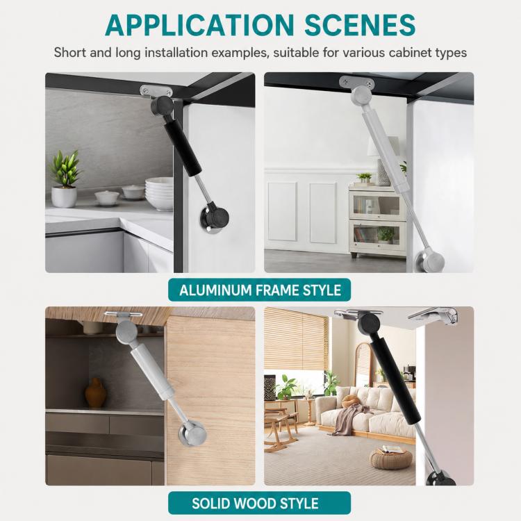 Cabinet gas struts supporting an aluminum-frame door and a wooden door