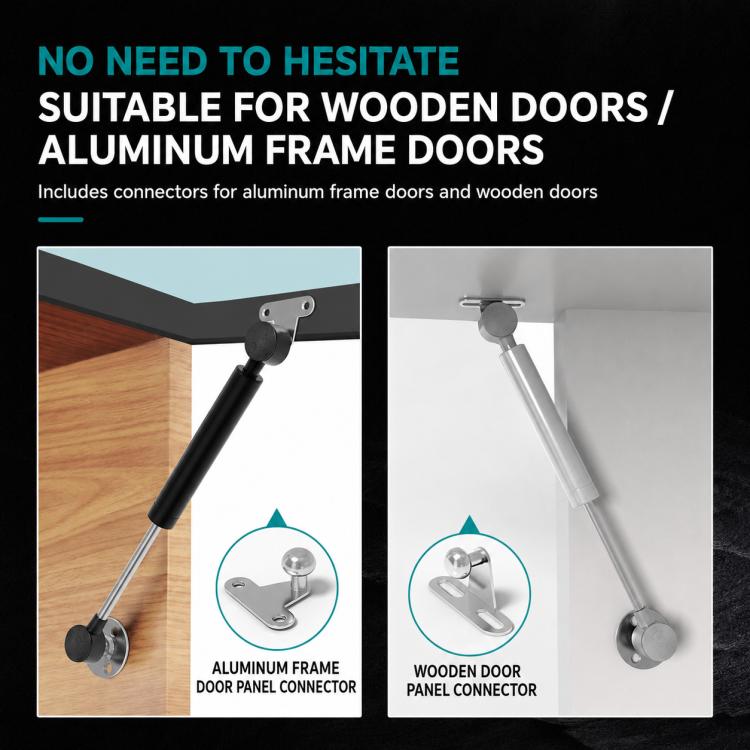 Cabinet gas strut with connector plates for aluminum-frame and wooden doors