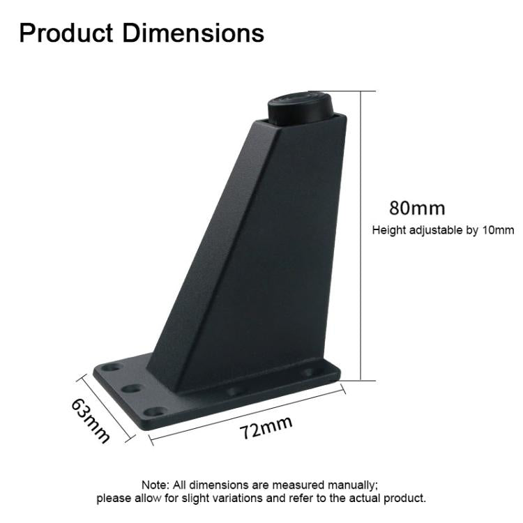 Black adjustable angled cabinet leg, 80mm height, with mounting plate and base