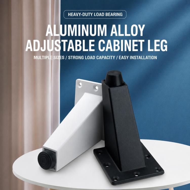 Two adjustable angled cabinet legs, one black and one white, with mounting plates