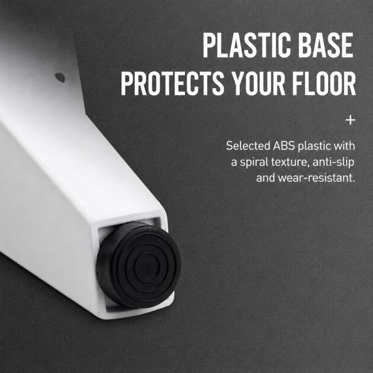 White cabinet leg with black plastic floor-protection foot and side housing