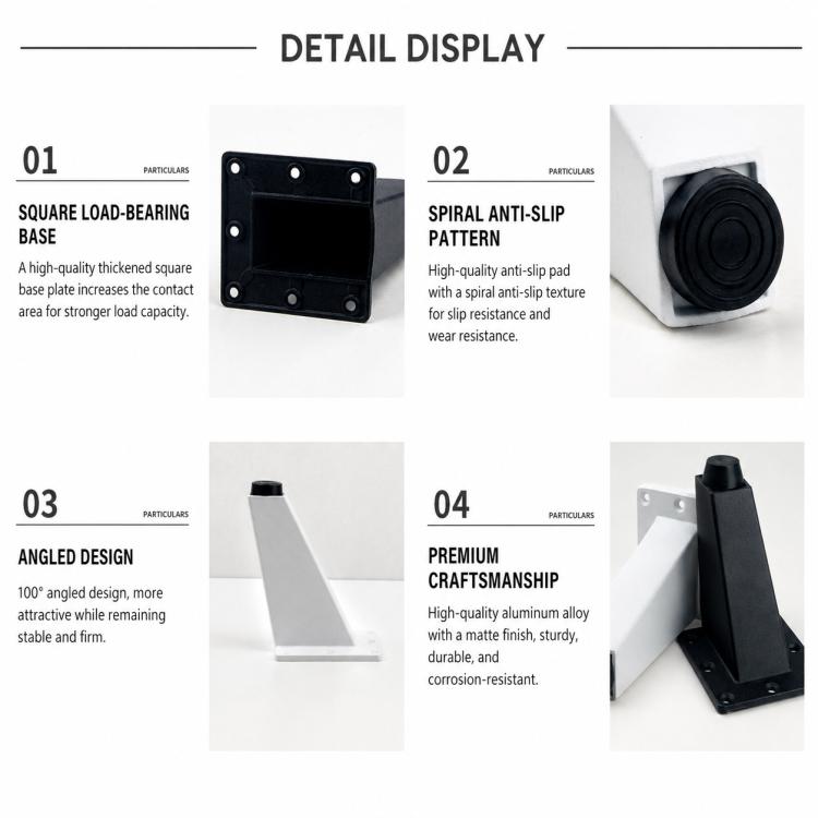 Adjustable cabinet leg details: anti-slip pad, angled base, aluminum support