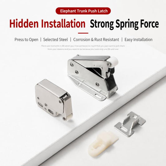 Hidden cabinet door push latch kit with metal latch, white touch pad, and screws