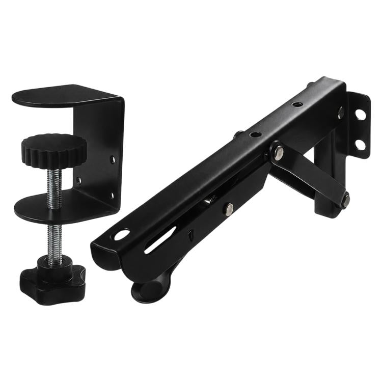 Black clamp-on desktop extension tray support bracket with threaded leveling knobs