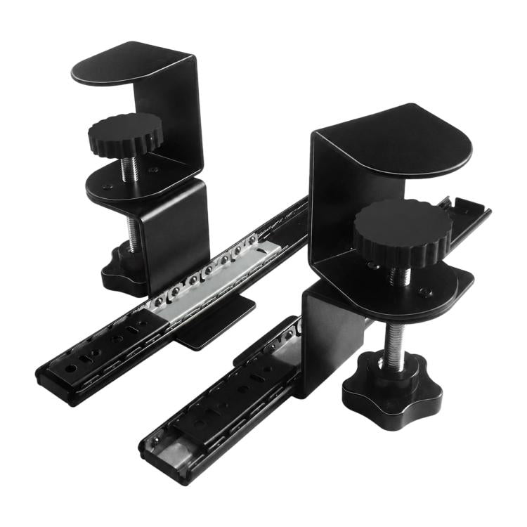 Black desktop tray support bracket with two clamp towers and perforated slide rails
